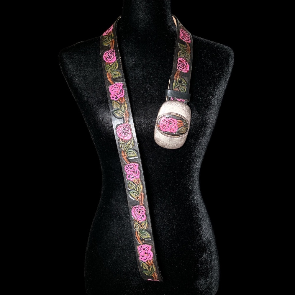 Pink Rose -  Metal Buckle Black Leather Belt -